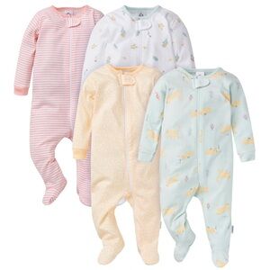 Gerber Baby Girls 4-Pack Sleeper One-Pieces in Pink, White, Yellow, Mint